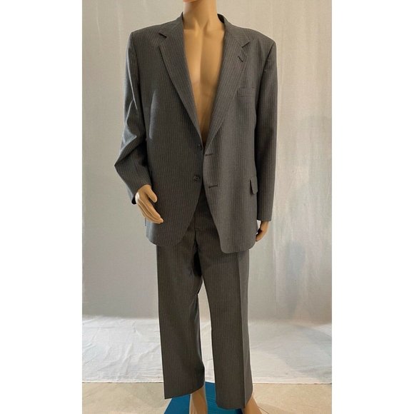 Men's Suit Set 2 Pieces Formal Blazer Striped Gray + Pants Vintage XXL